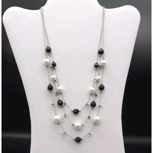 Silver Tone Multi Strand Necklace Black White Beads Rhinestone 18–22" Adj